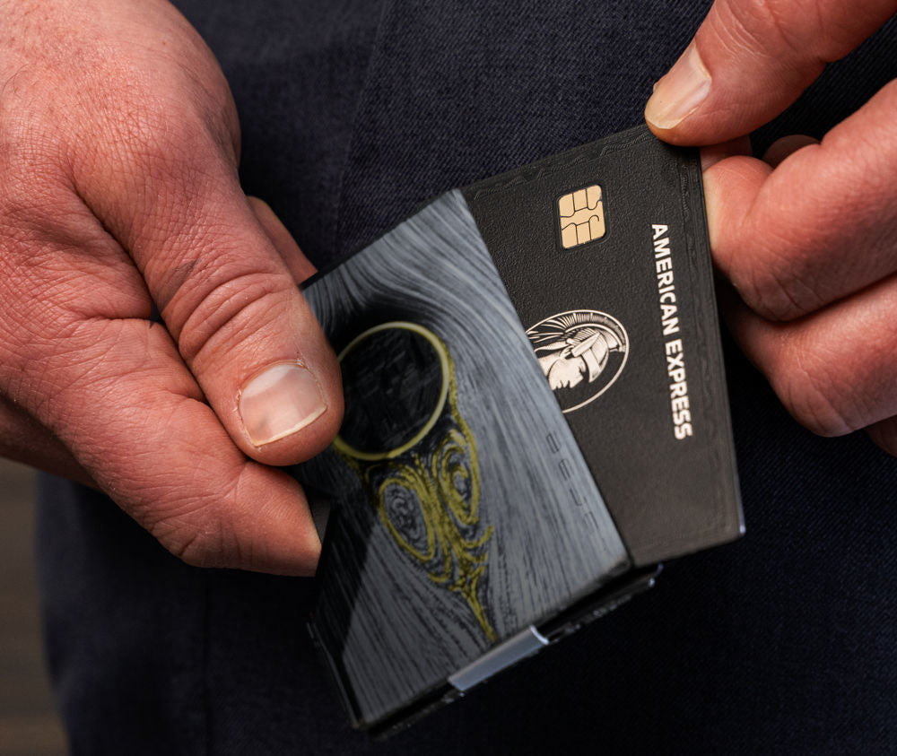 Project Blackhole meteorite wallet showing the Widmanstatten pattern